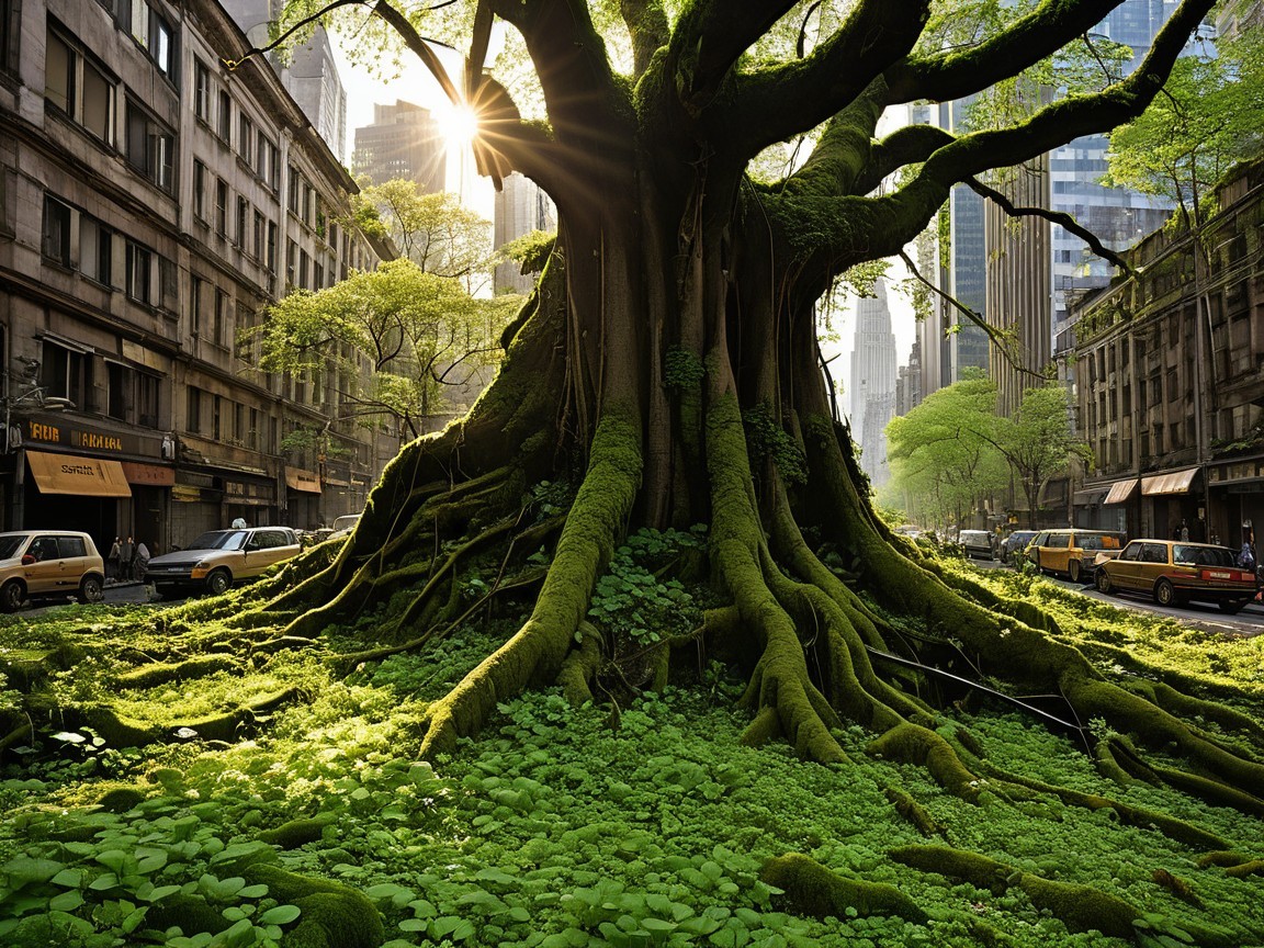 Majestic Tree Amidst Urban Cityscape and Greenery