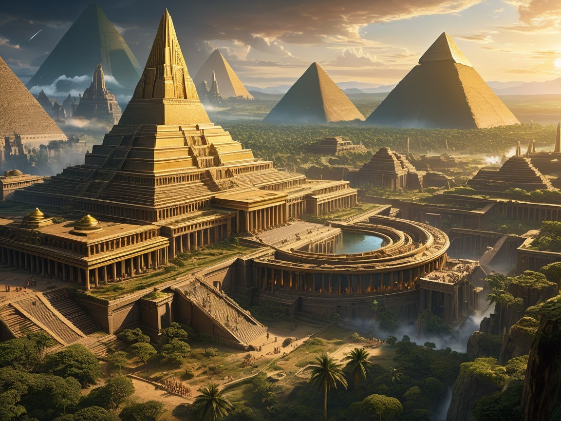 Ancient city with pyramids and grand temple scenery