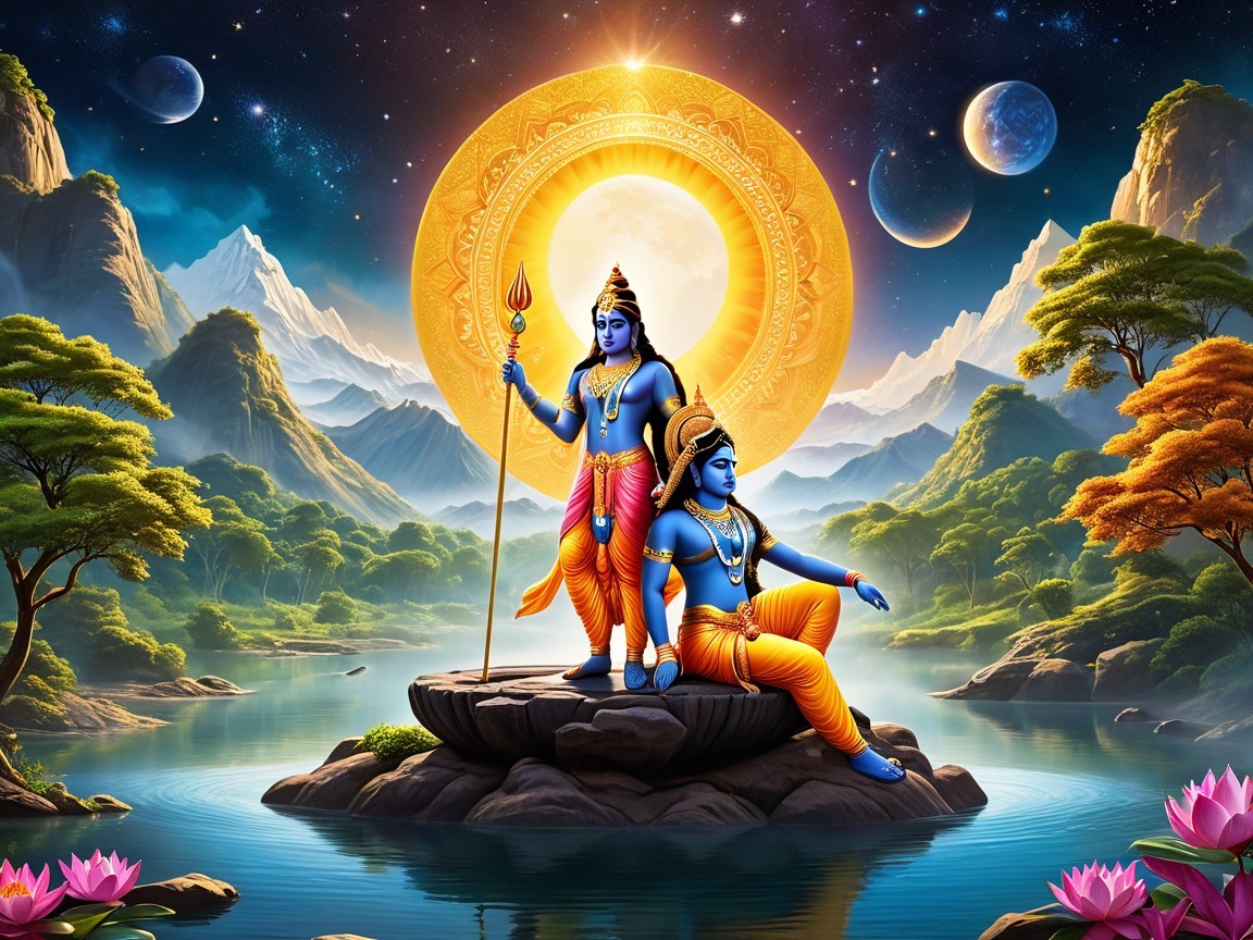 Lord Rama with Bow in Cosmic Landscape Background