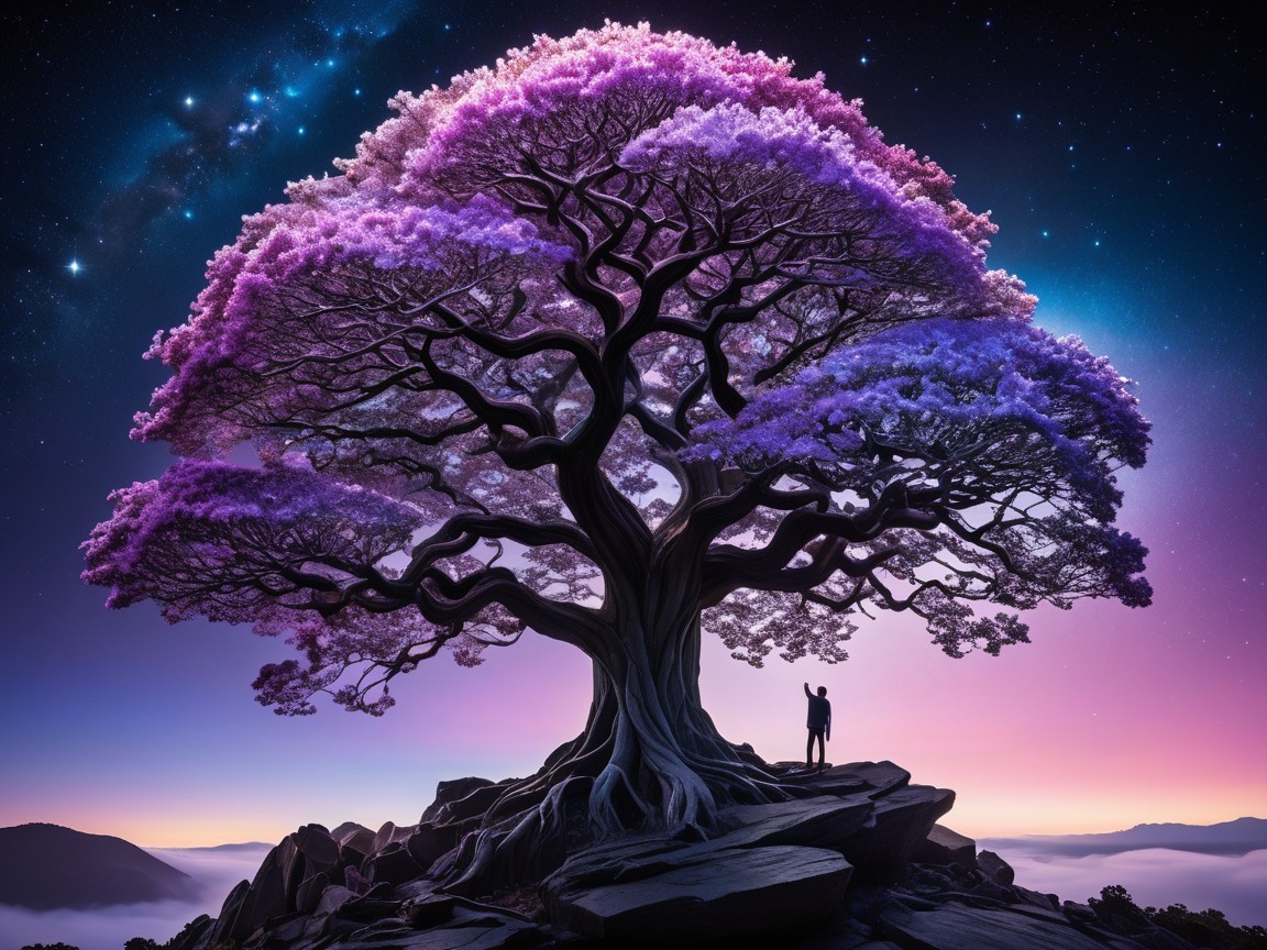 Majestic tree with purple foliage under starry sky