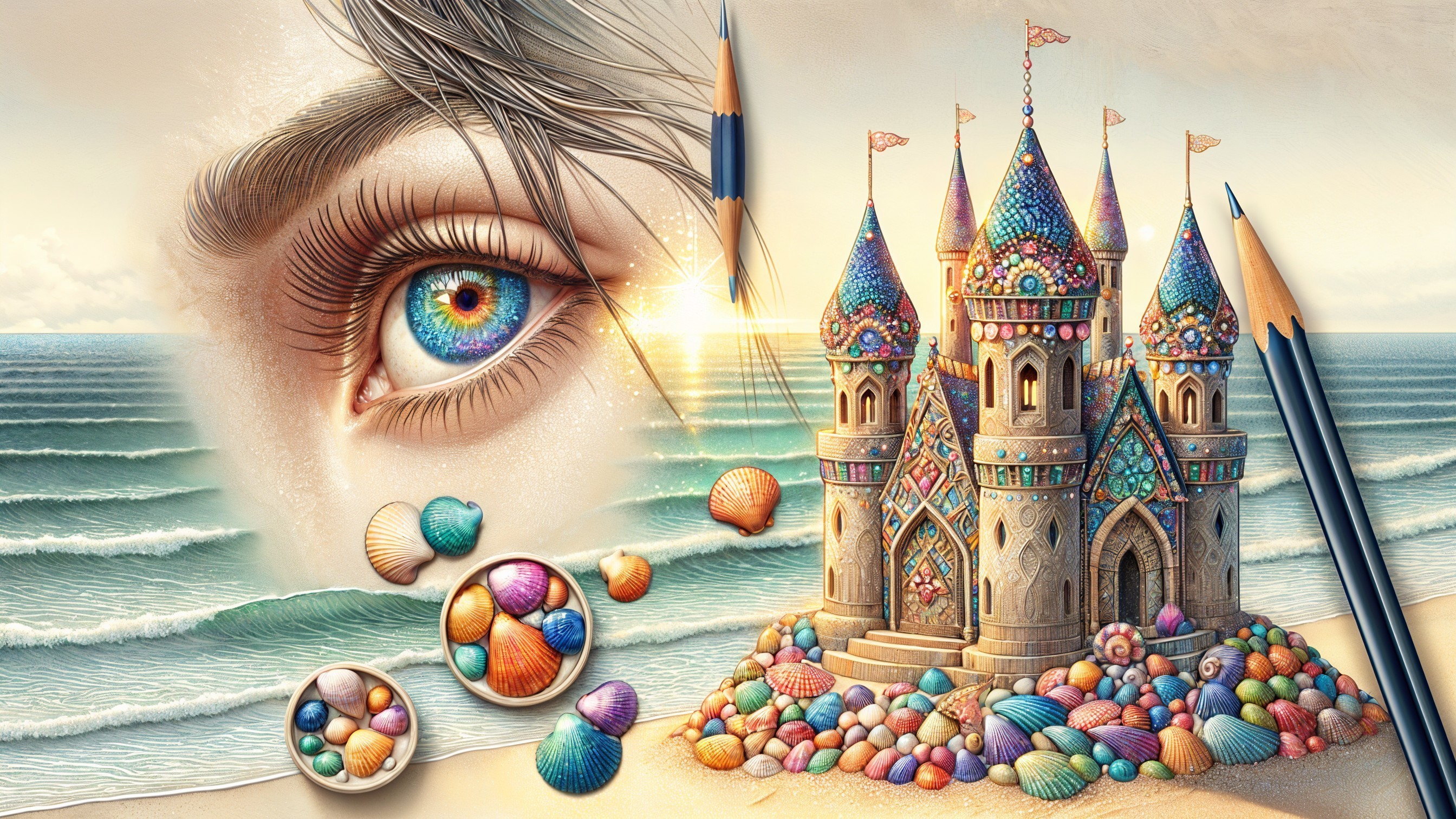 Whimsical Beach Scene with Sandcastle and Seashells