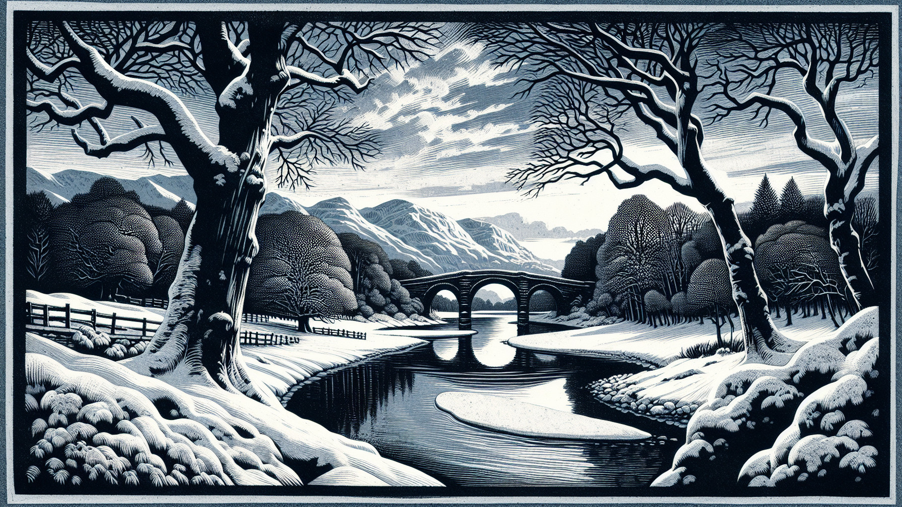 Winter Landscape with River and Snow-Capped Mountains