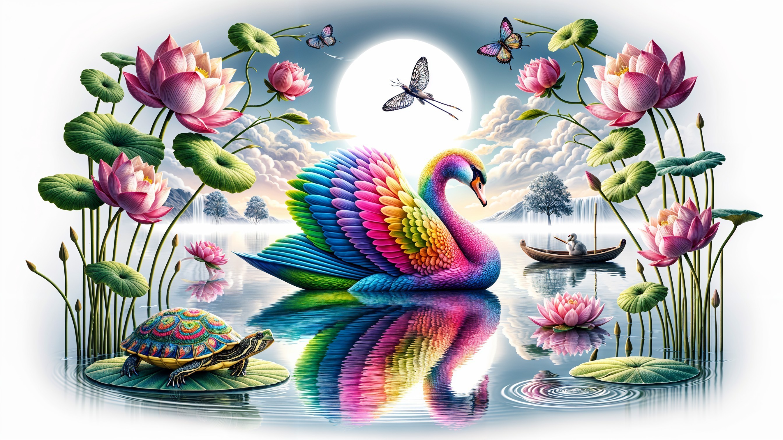 Rainbow-colored swan on serene lake with lotus flowers