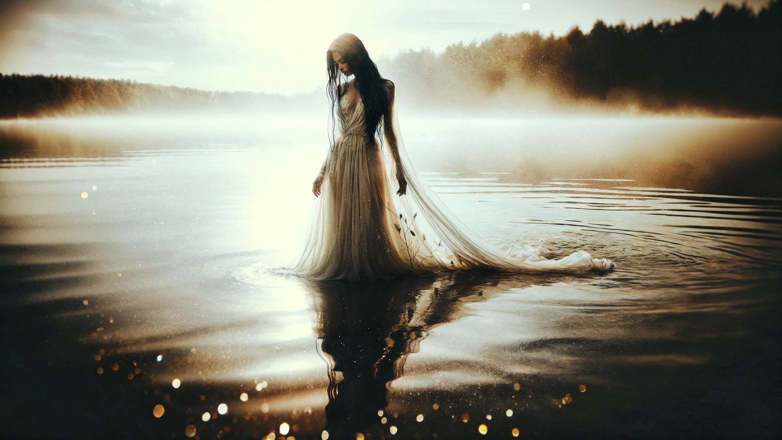 Mystical Figure in Ethereal Gown by Shimmering Lake