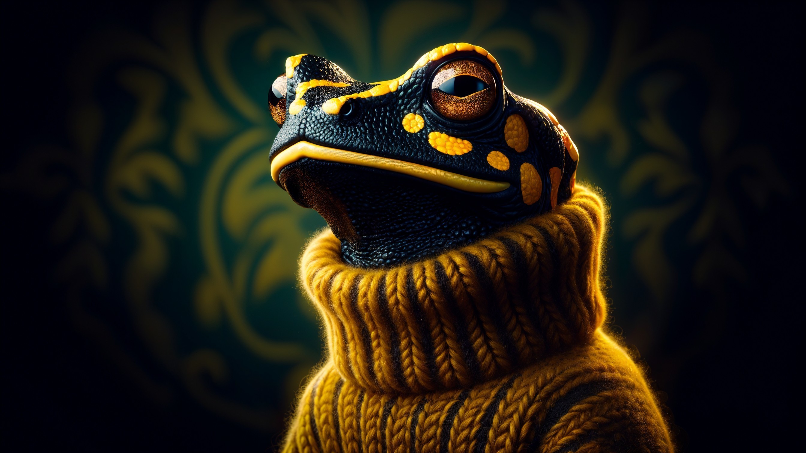 Stylized frog in yellow sweater against dark floral backdrop