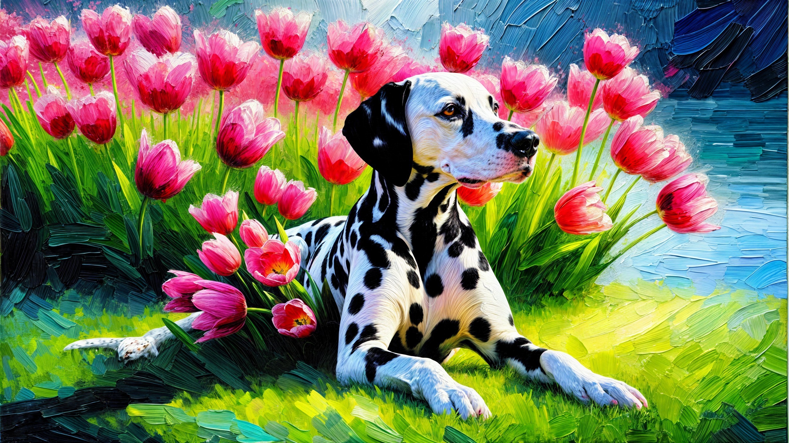 Dalmatian Dog Among Pink Tulips in Sunlit Garden