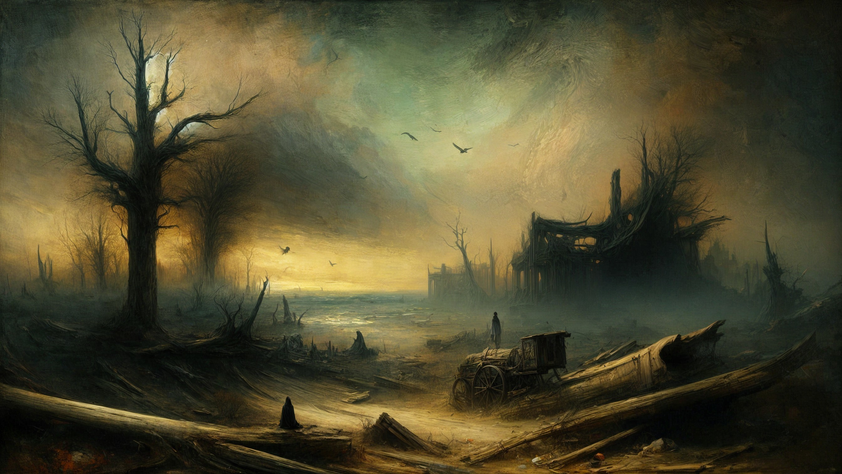 Desolate Twilight Landscape with Abandoned House and Cart