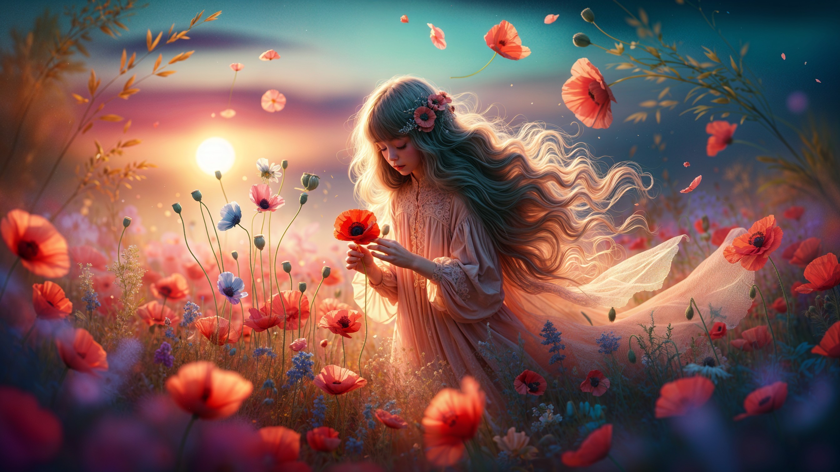 Girl in Poppy Field at Sunset with Flowing Dress