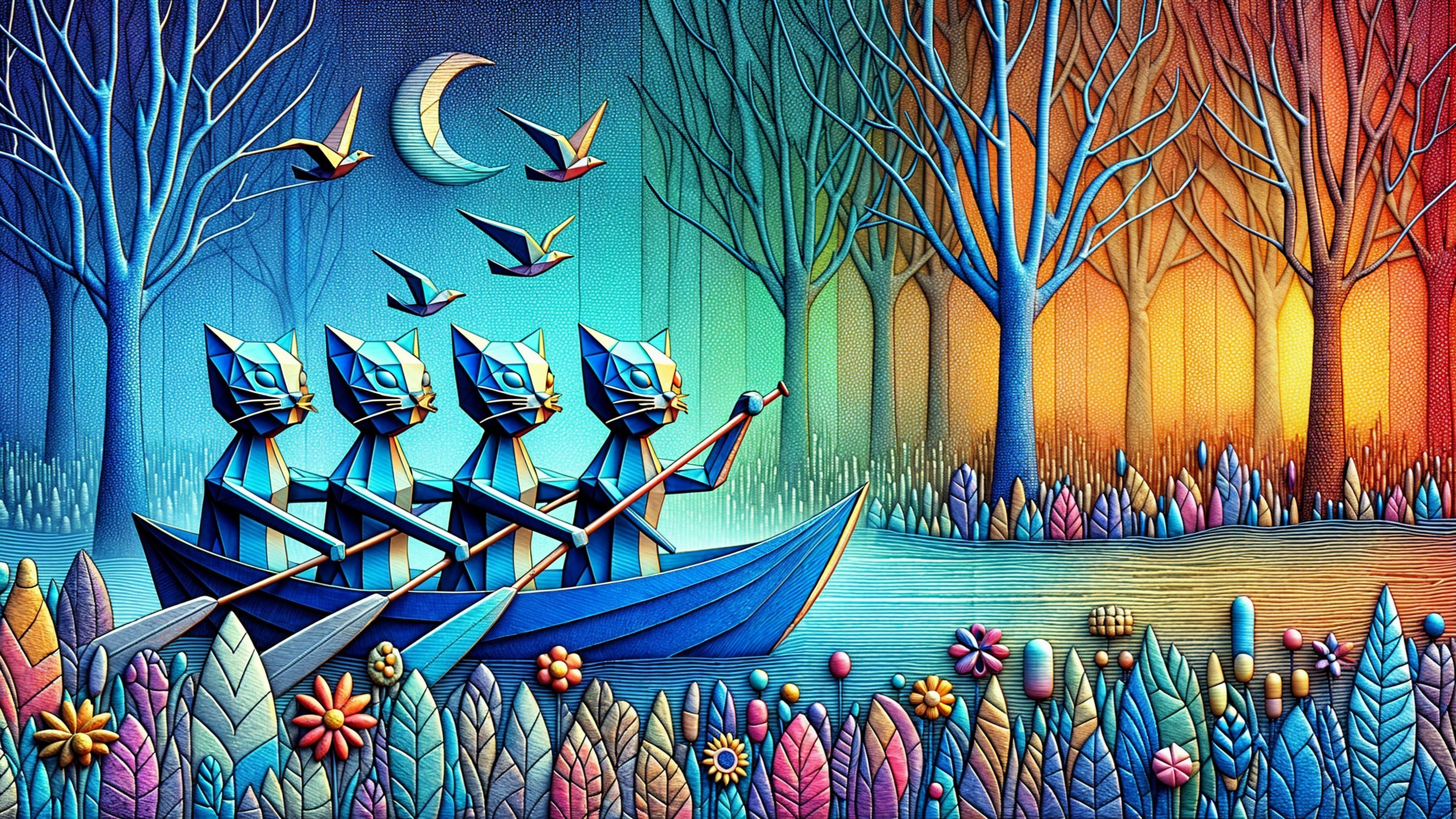 Surreal Scene of Cat-Like Figures in a Colorful Landscape
