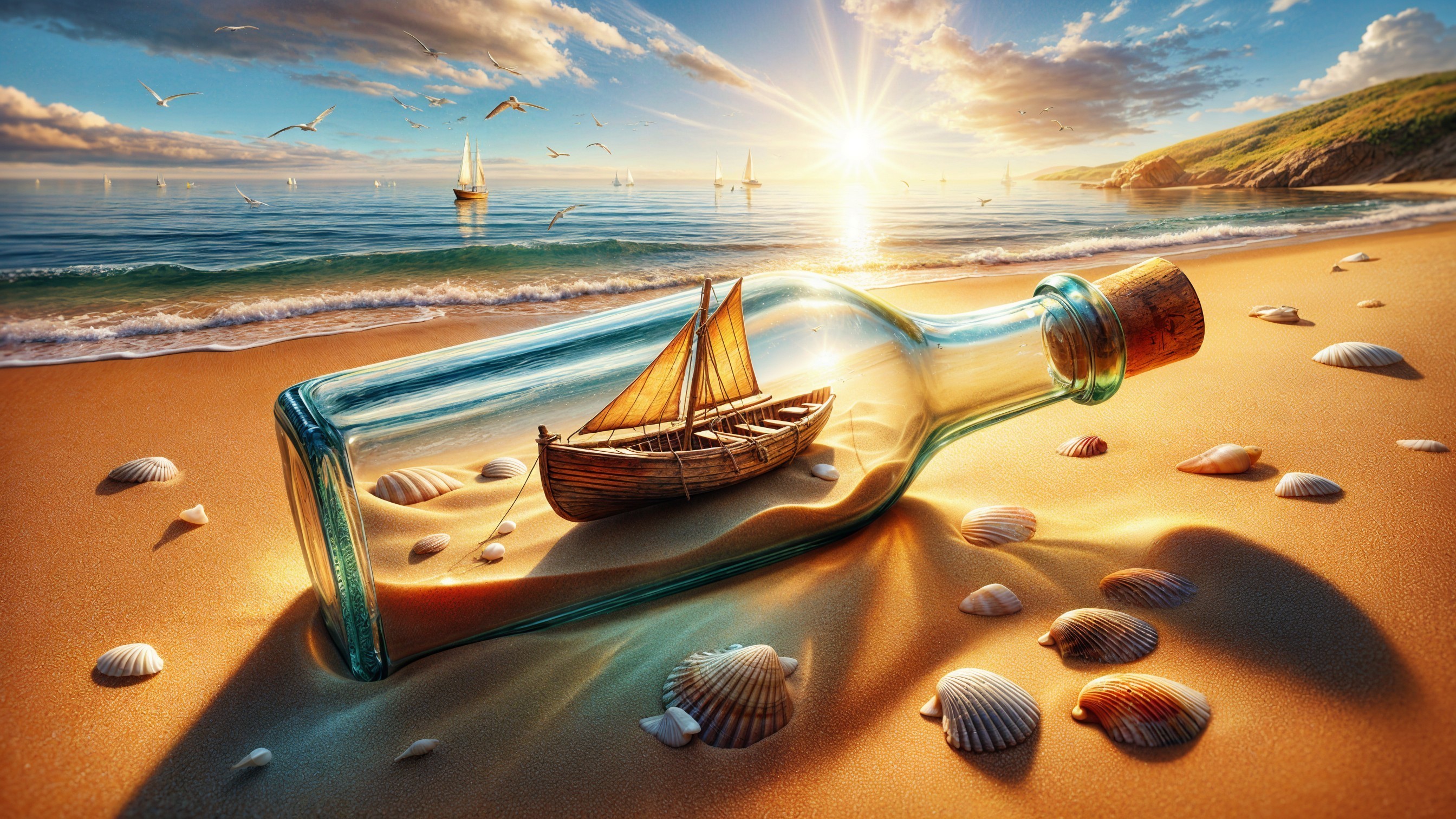 Serene Beach Scene with Bottle and Wooden Ship