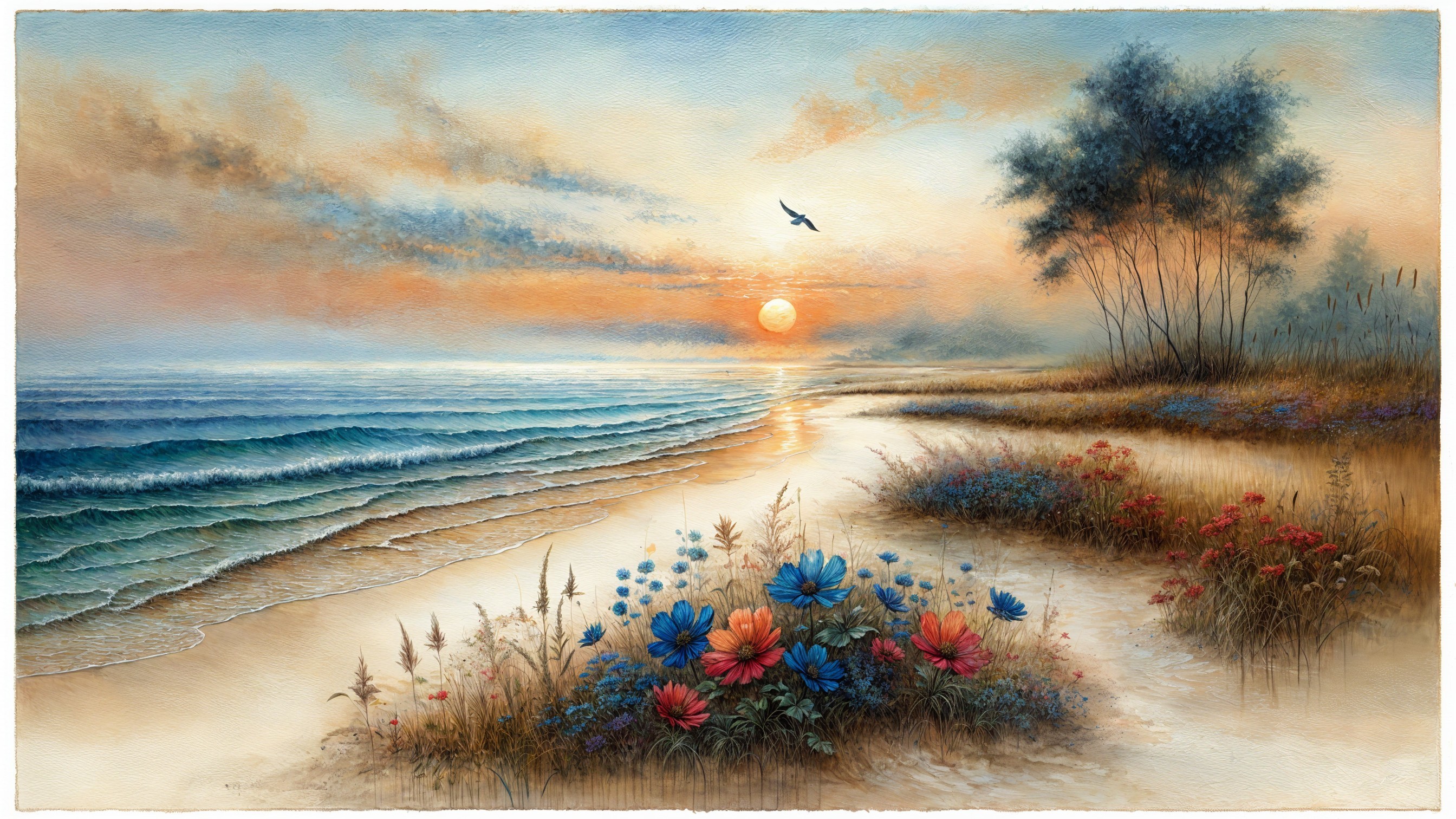 Serene Beach at Sunset with Vibrant Coastal Flora