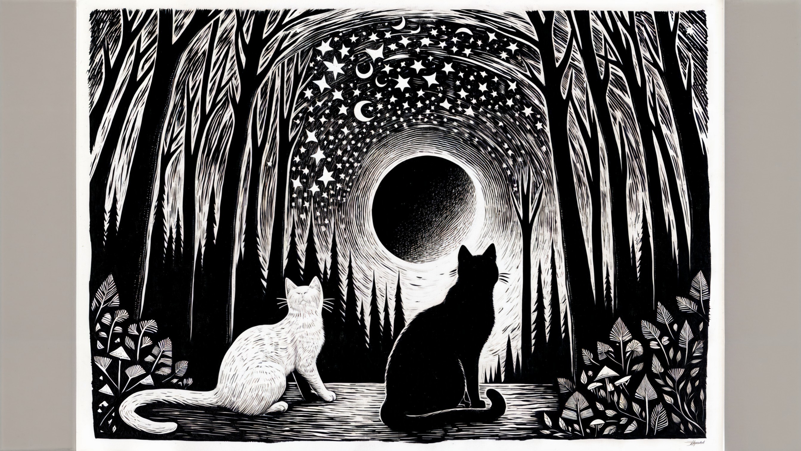 Cats in Woodland Under Starry Night Sky