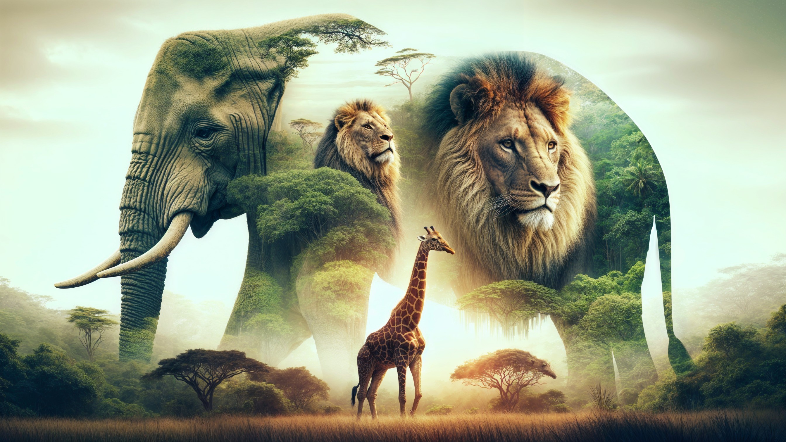 Surreal Wildlife Scene with Elephant, Lions, and Giraffe