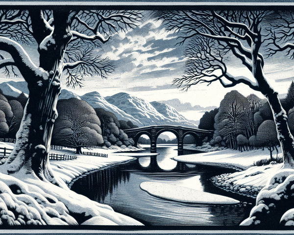 Winter Landscape with River and Snow-Capped Mountains