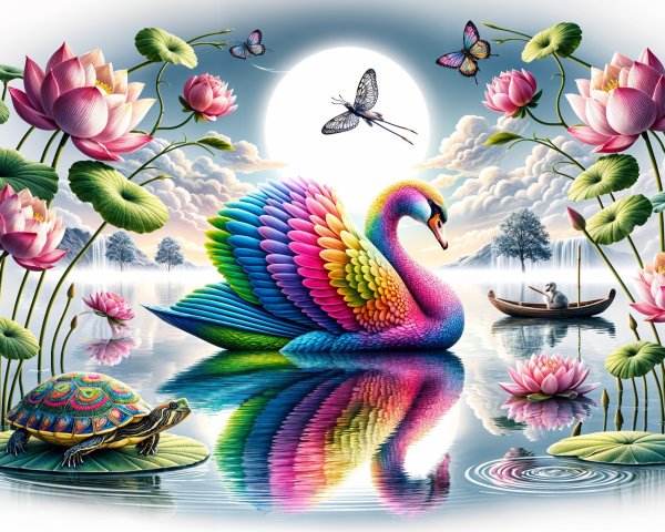 Rainbow-colored swan on serene lake with lotus flowers