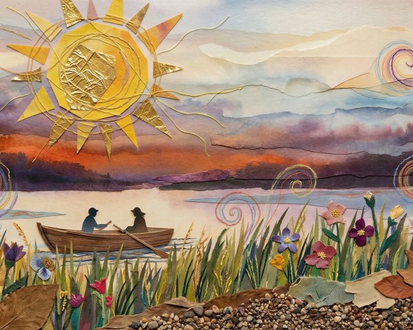 Vibrant Sunset Collage with Rowboat and Foliage