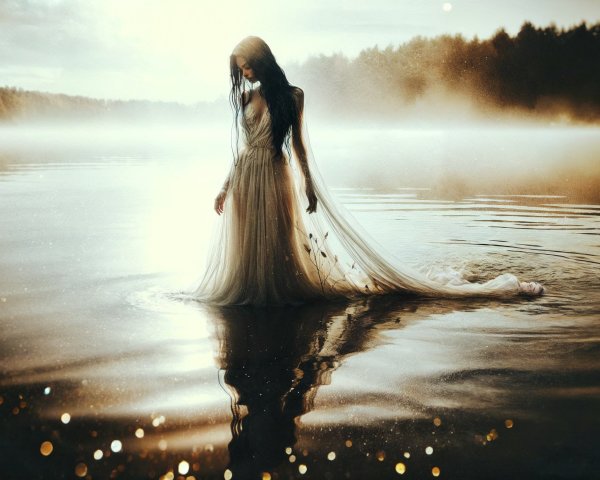 Mystical Figure in Ethereal Gown by Shimmering Lake