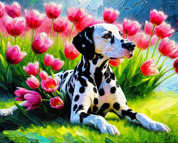 Dalmatian Dog Among Pink Tulips in Sunlit Garden