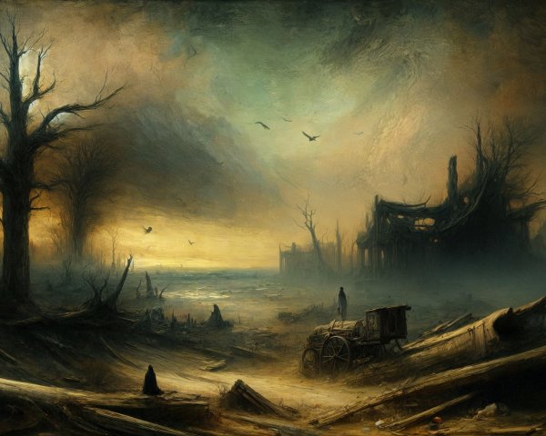 Desolate Twilight Landscape with Abandoned House and Cart