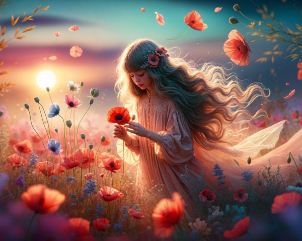 Girl in Poppy Field at Sunset with Flowing Dress