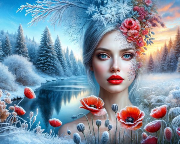 Serene Winter Landscape with Icy Flowers and Poppies