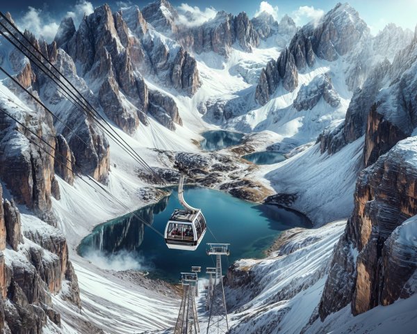 Cable Car Over Snow-Capped Mountains and Alpine Lake