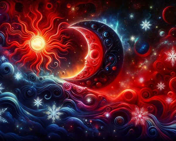 Cosmic Scene with Sun, Moon, and Whimsical Snowflakes