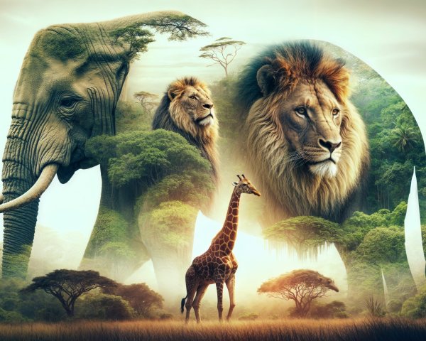 Surreal Wildlife Scene with Elephant, Lions, and Giraffe