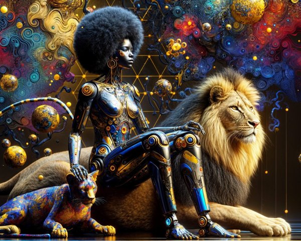 Futuristic Scene of Robot and Lion in Cosmic Setting
