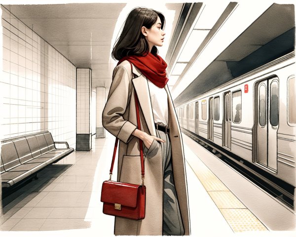 Fashionable Young Woman at Subway Station in Beige Coat