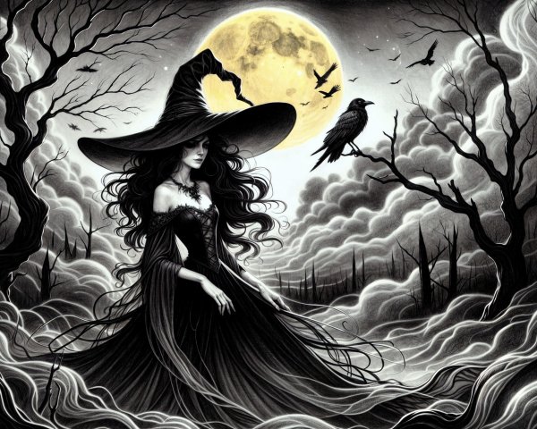 Mystical Full Moon Scene with Witch and Raven