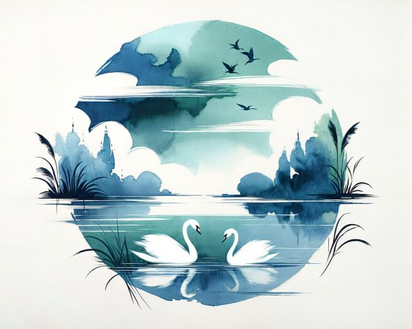 Watercolor Illustration of Swans on a Tranquil Lake