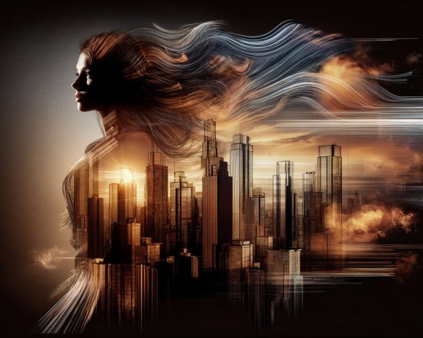 Silhouette of Woman Blending with Cityscape at Sunset