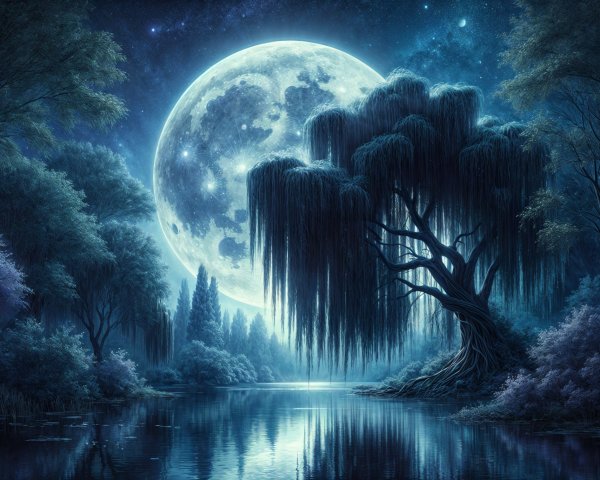 Serene Night Scene with Full Moon and Willow Tree