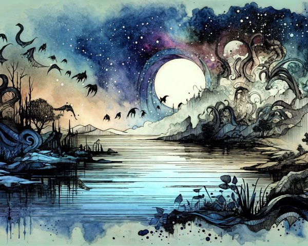 Surreal Landscape with Cosmic and Natural Elements