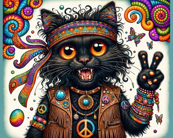 Colorful Whimsical Cat with Retro Accessories and Patterns