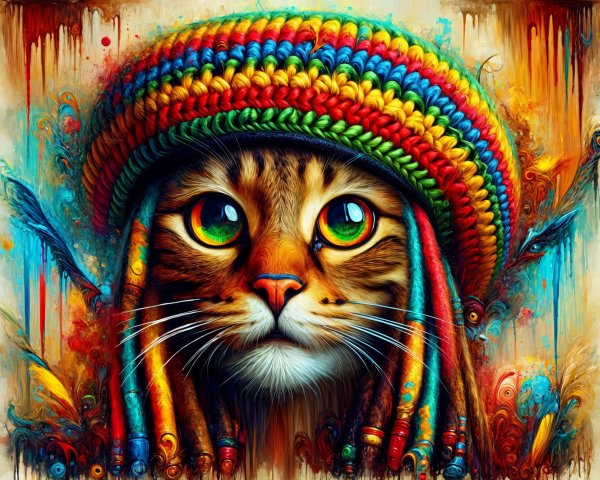 Colorful Cat Illustration with Rasta Beanie Design