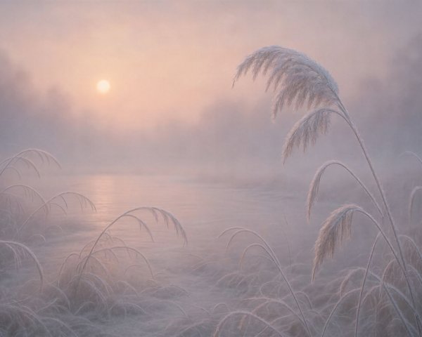 Frosted Reeds by a Misty Riverbank at Sunrise