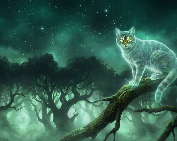 Mystical Nighttime Landscape with Glowing Cat