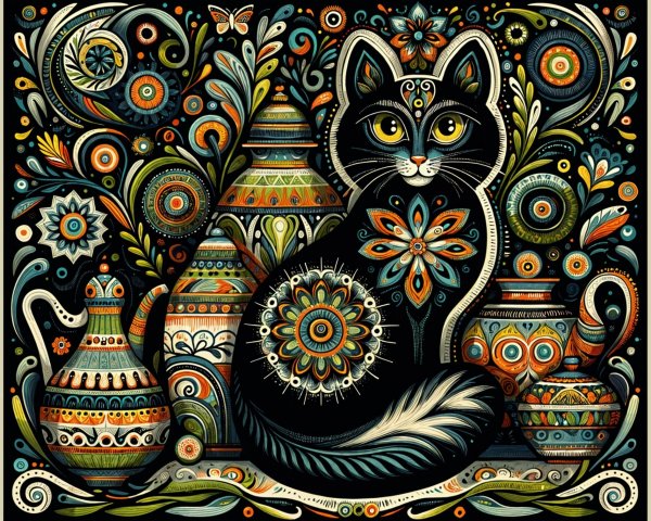 Stylized Black Cat Surrounded by Colorful Patterns