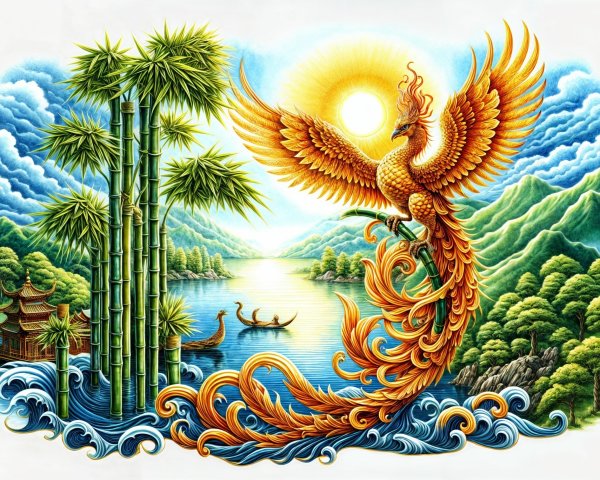Golden Phoenix on Bamboo Branch by Serene Water