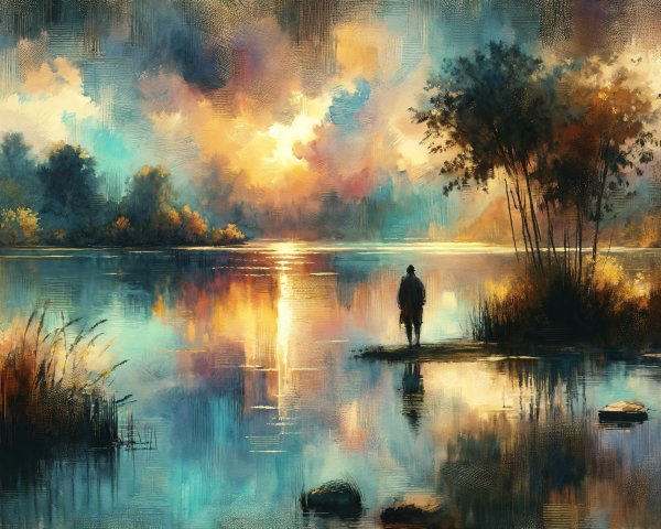Lakeside Sunset Scene with Reflective Water and Trees