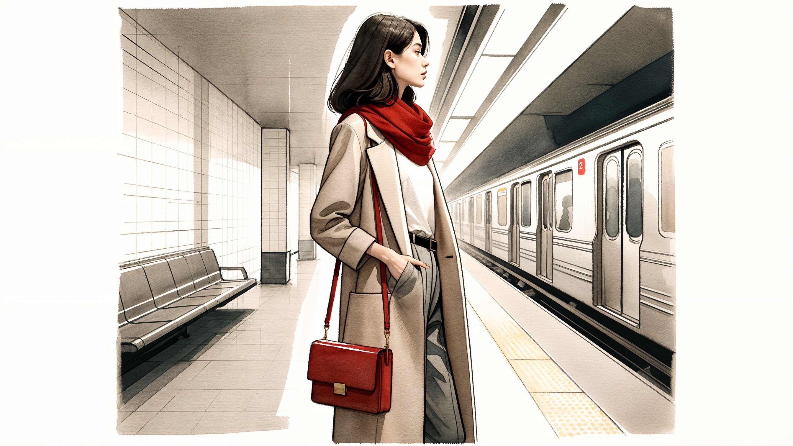 Fashionable Young Woman at Subway Station in Beige Coat