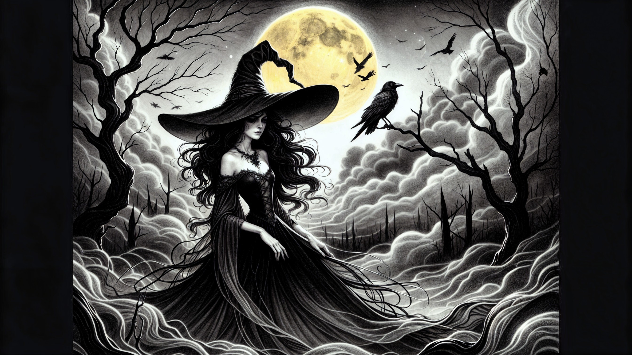 Mystical Full Moon Scene with Witch and Raven