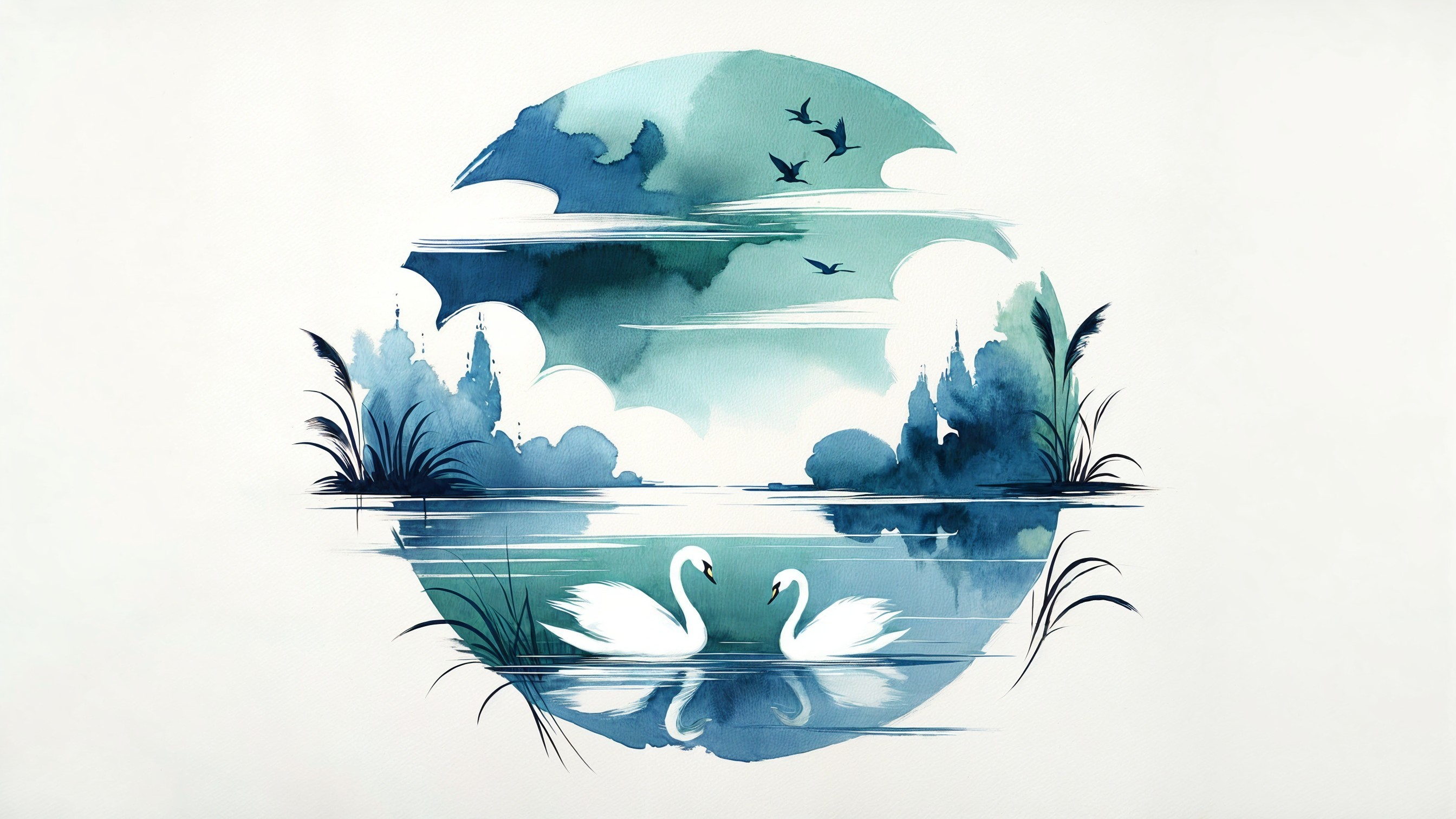 Watercolor Illustration of Swans on a Tranquil Lake