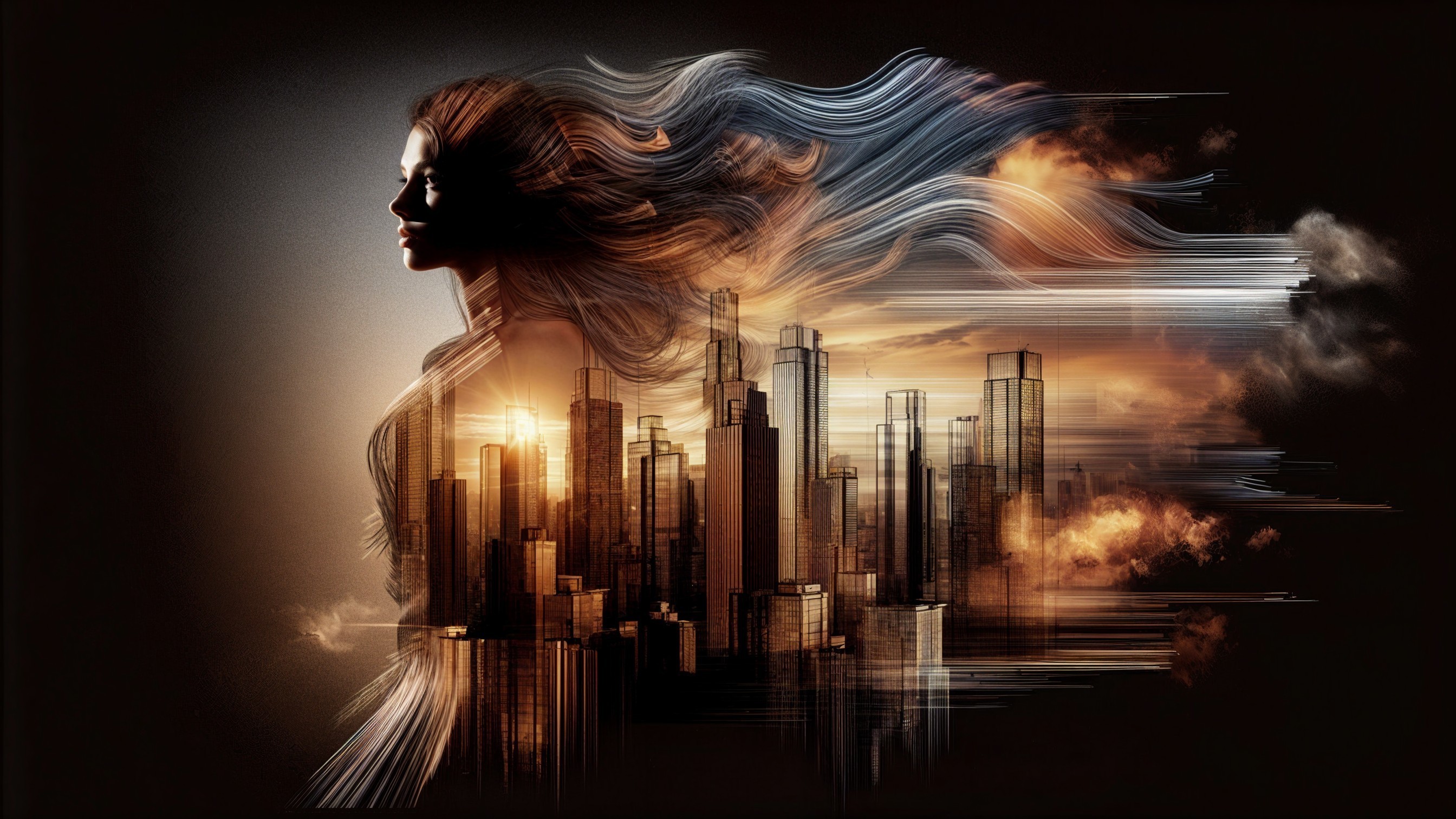 Silhouette of Woman Blending with Cityscape at Sunset