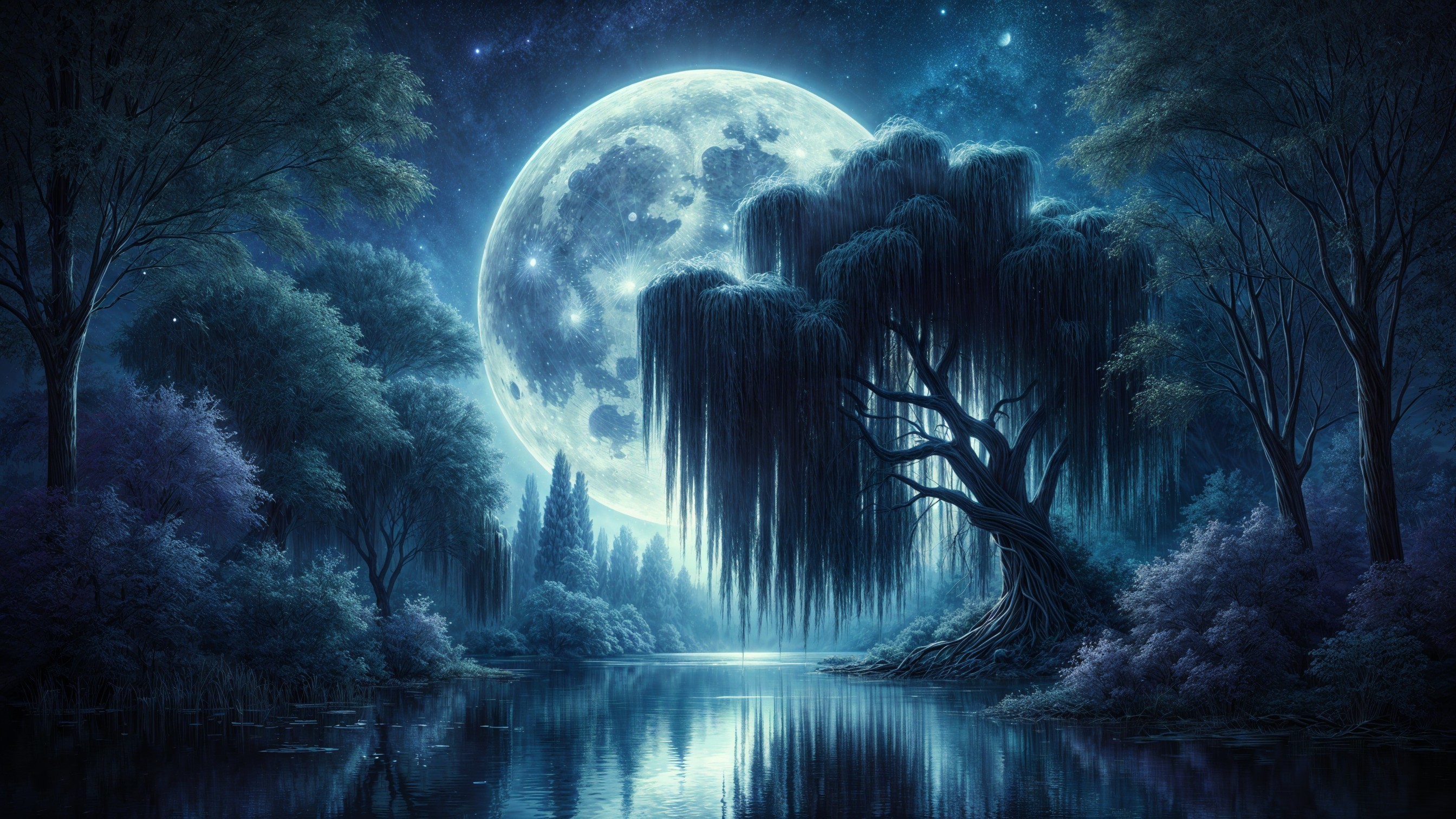 Serene Night Scene with Full Moon and Willow Tree