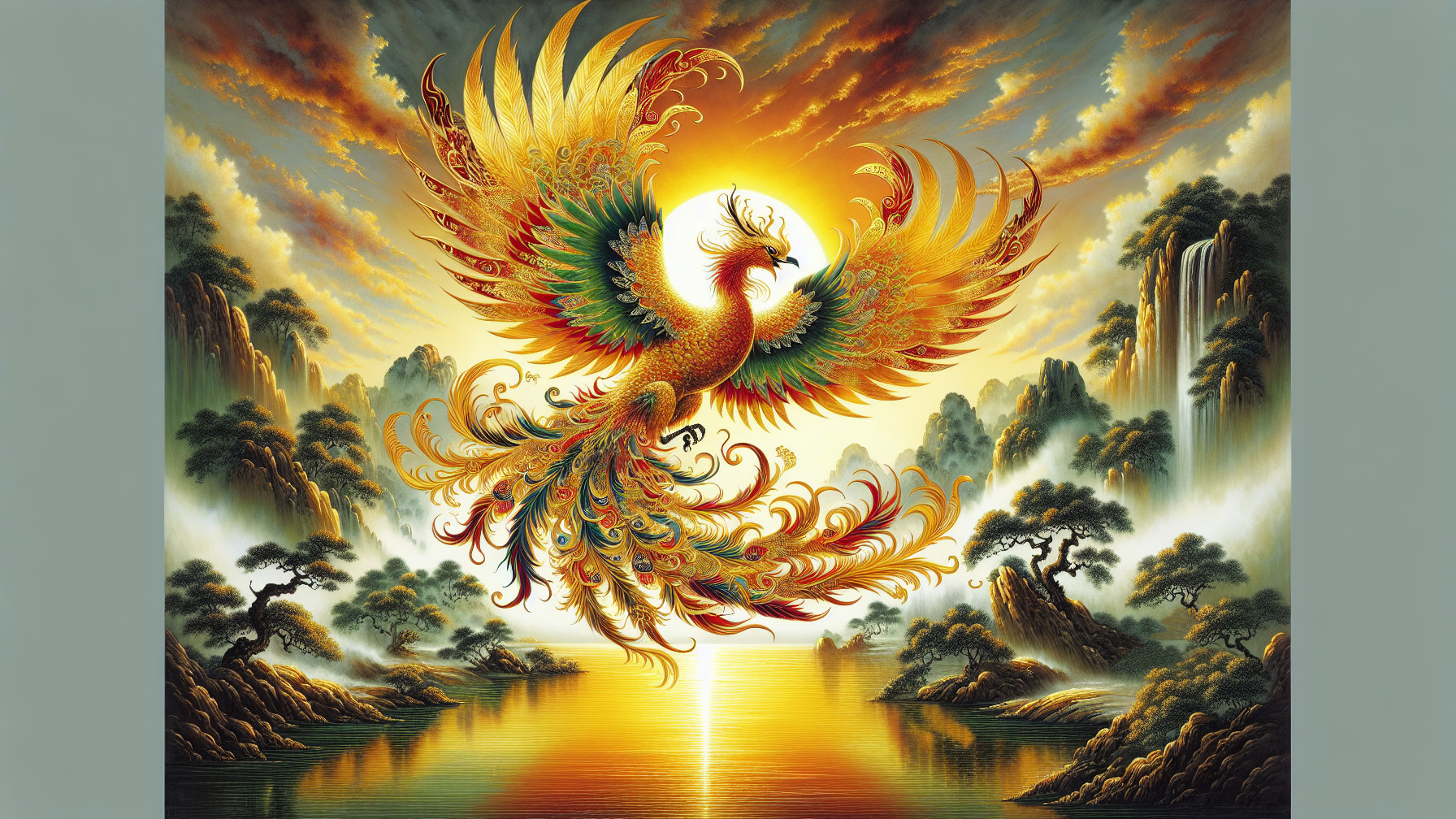 Phoenix Soaring at Sunset Over Mountains and Waterfalls