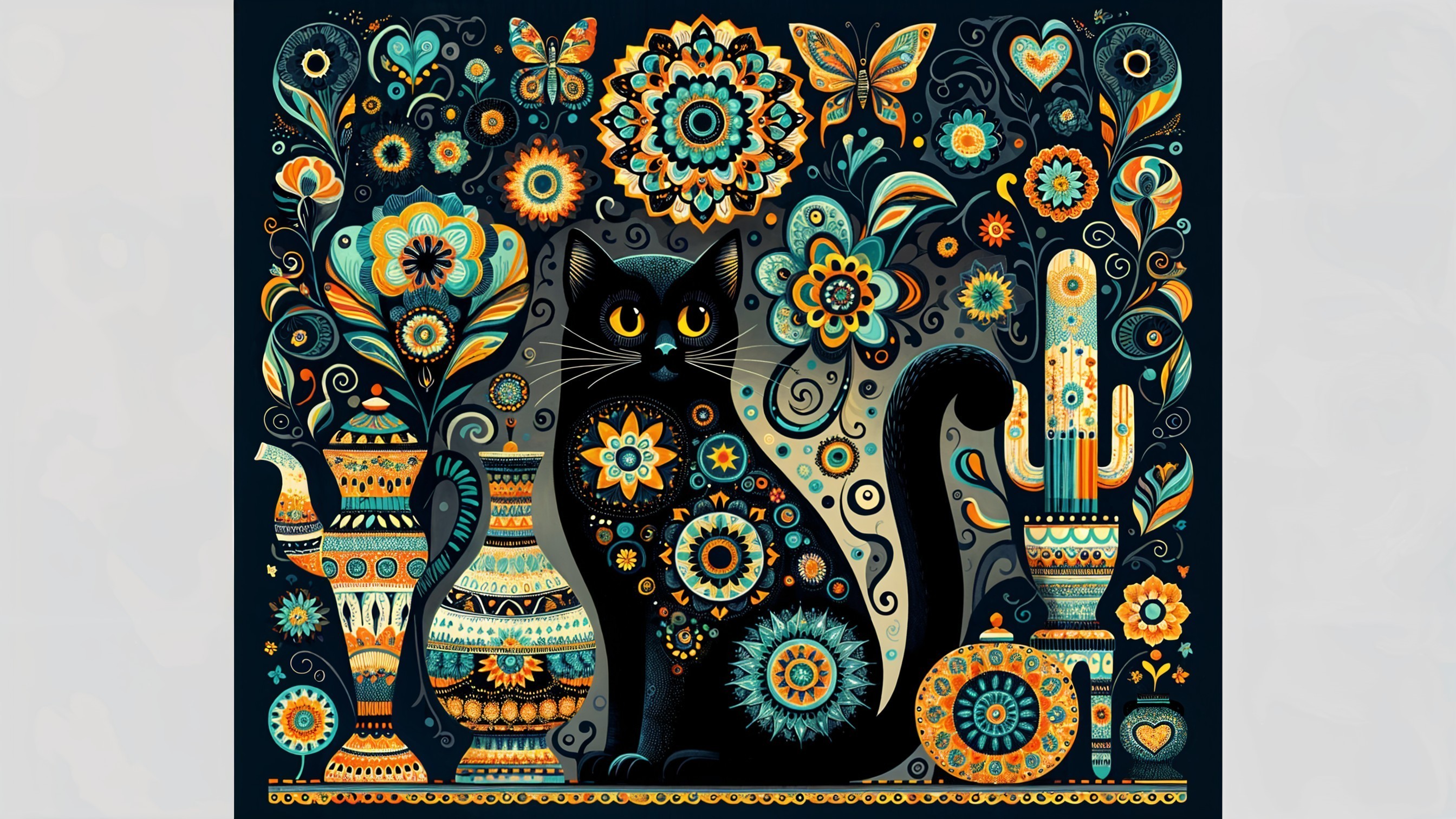 Black Cat with Yellow Eyes Amid Floral Patterns