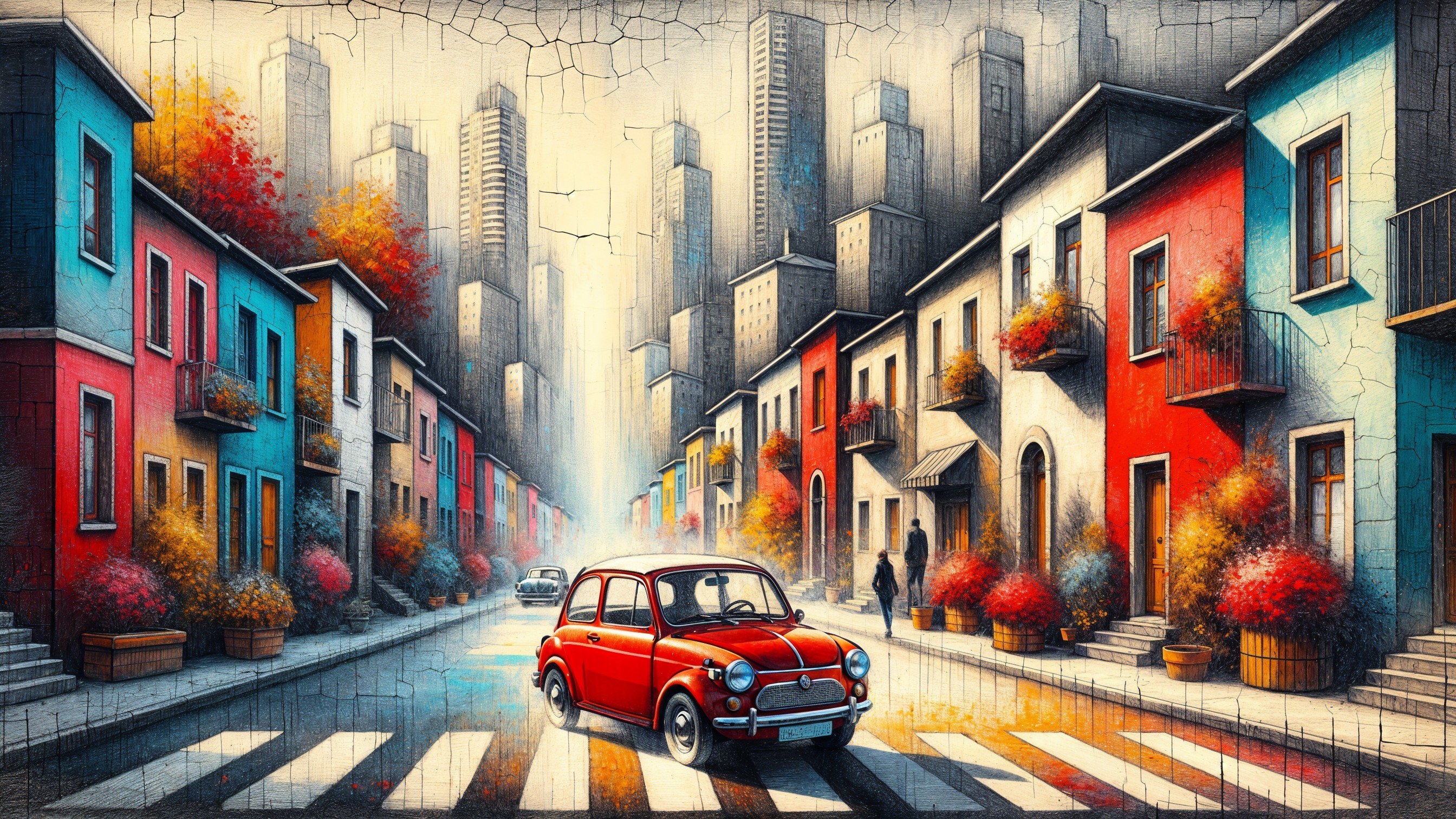 Vibrant city scene with vintage car and skyscrapers